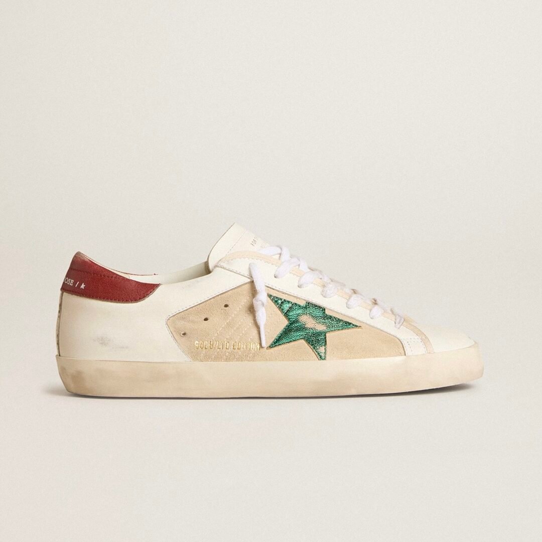 Golden Goose Men's Super-Star LTD in suede with green metallic star and red heel tab