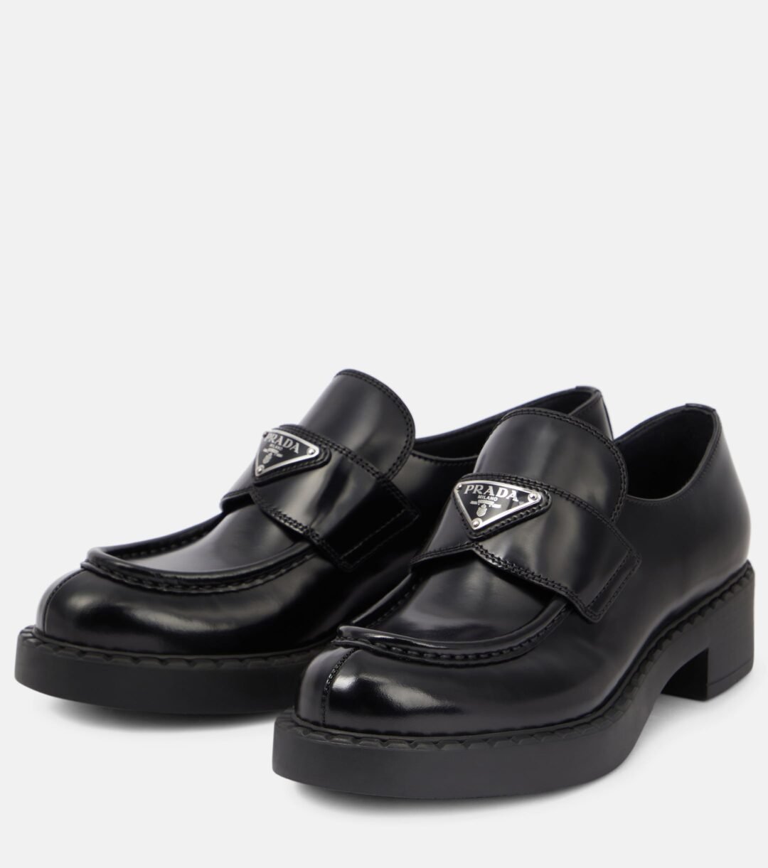 ⁦Prada Black Brushed Leather Slip On Loafers⁩ - الصورة ⁦5⁩